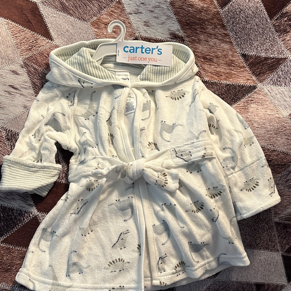 Carter's White Hooded Baby Bathrobe with Animal Design